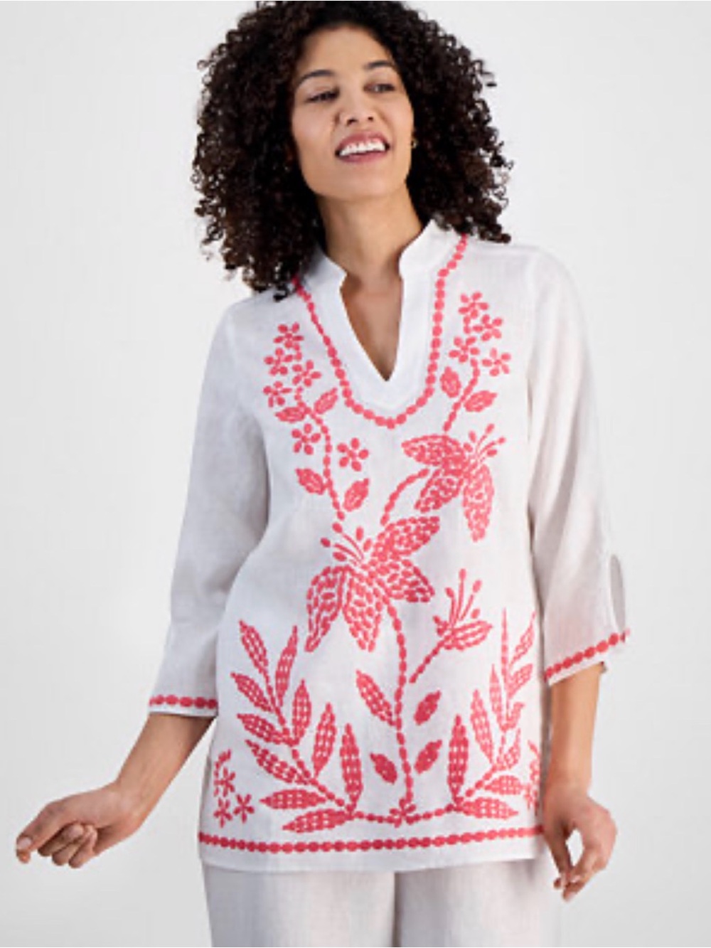 Charter Club White Linen Tunic with Coral-Red Embroidery